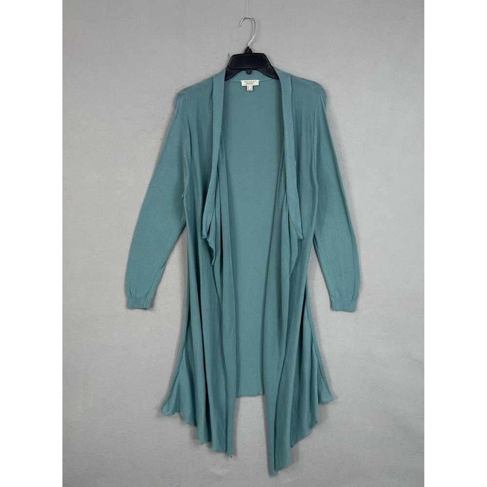 Orientique Cardigan Sweater Womens Medium Blue Open Front Ruffle Hem Knit Long